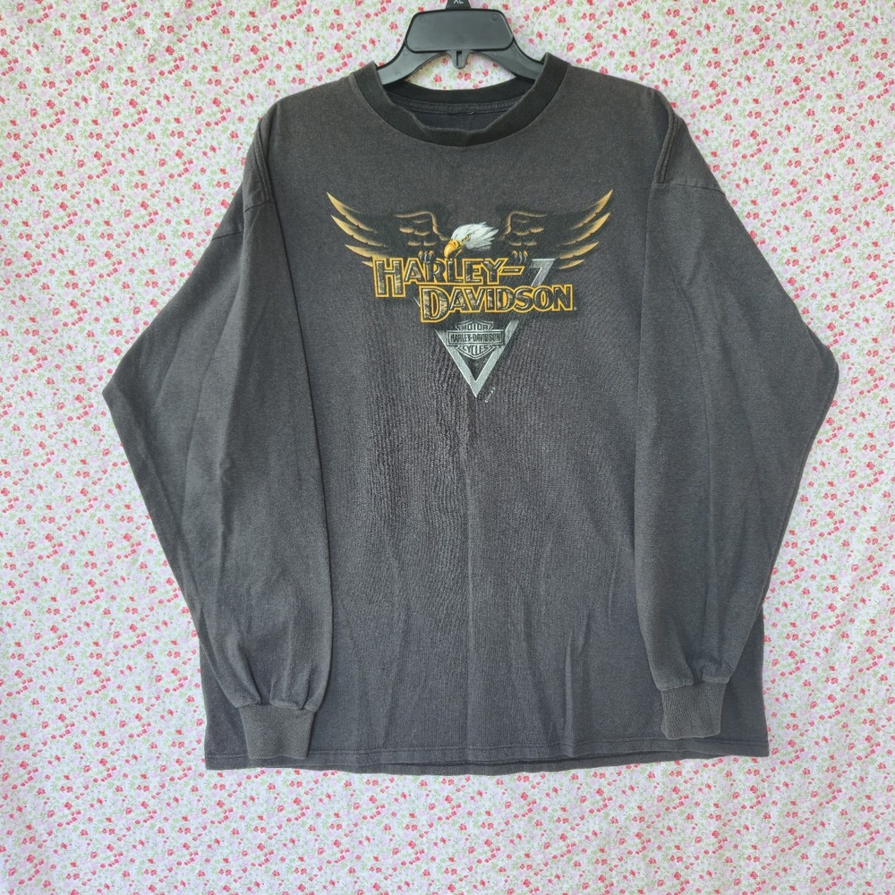 Vtg 1999 Harley Davidson Long Sleeve Shirt Eagle Graphic Biker Faded Black 2XL